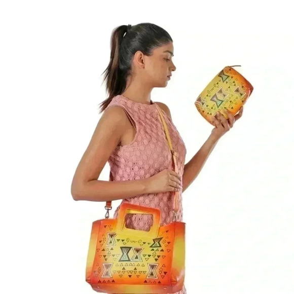 SUKRITI Set of 3, Orange & Yellow Geometric Hand Painted Leather Tote Bag - Picture 2 of 8